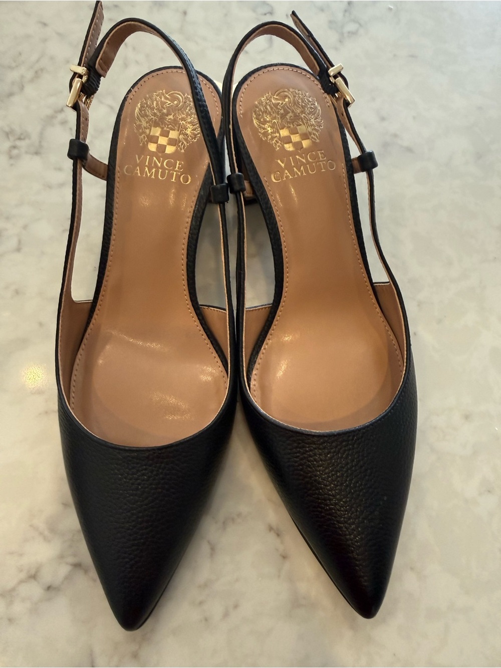 Vince Camuto Black Leather Pointed Toe Slingback Heels